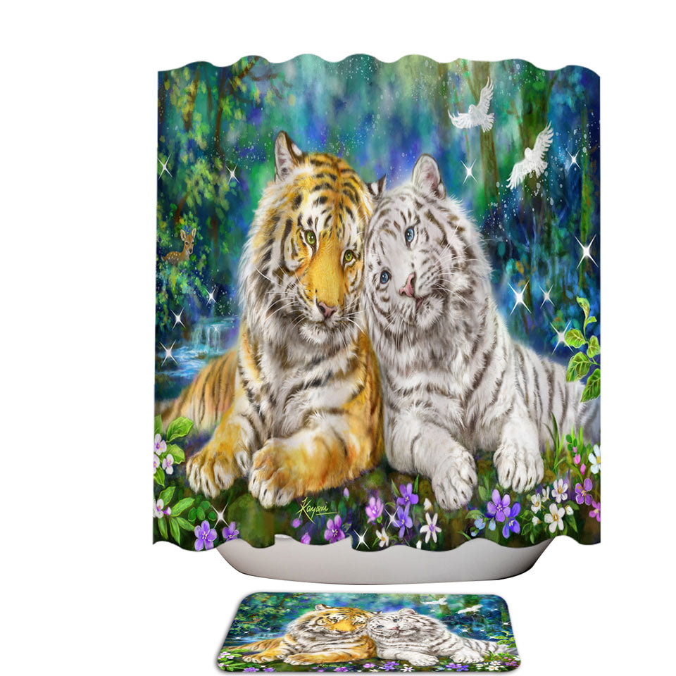 White and Orange Tigers in Love Shower Curtains