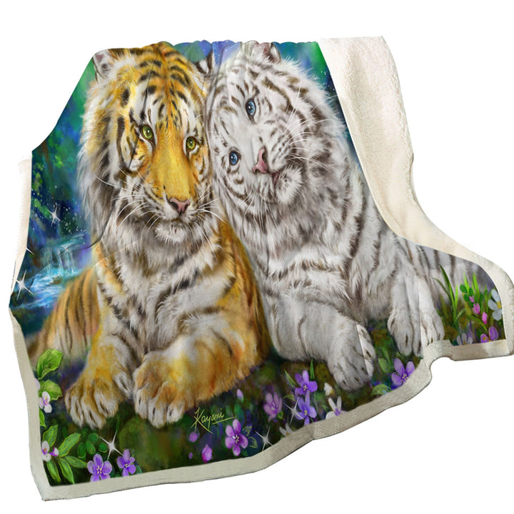White and Orange Tigers in Love Sofa Blankets