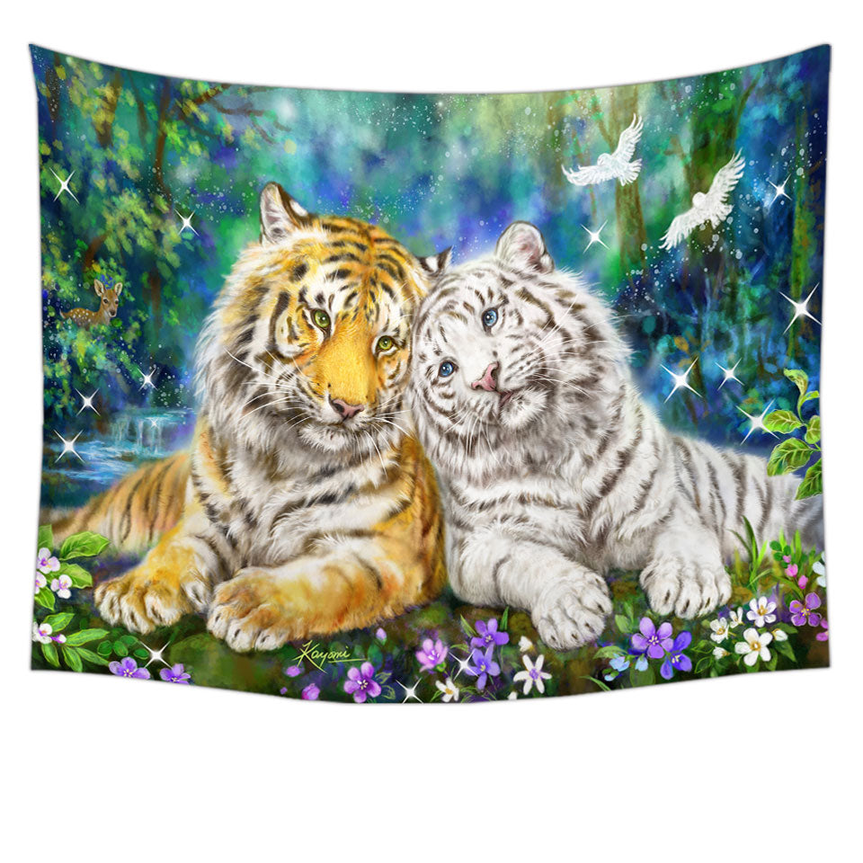 White and Orange Tigers in Love Wall Decor Tapestry