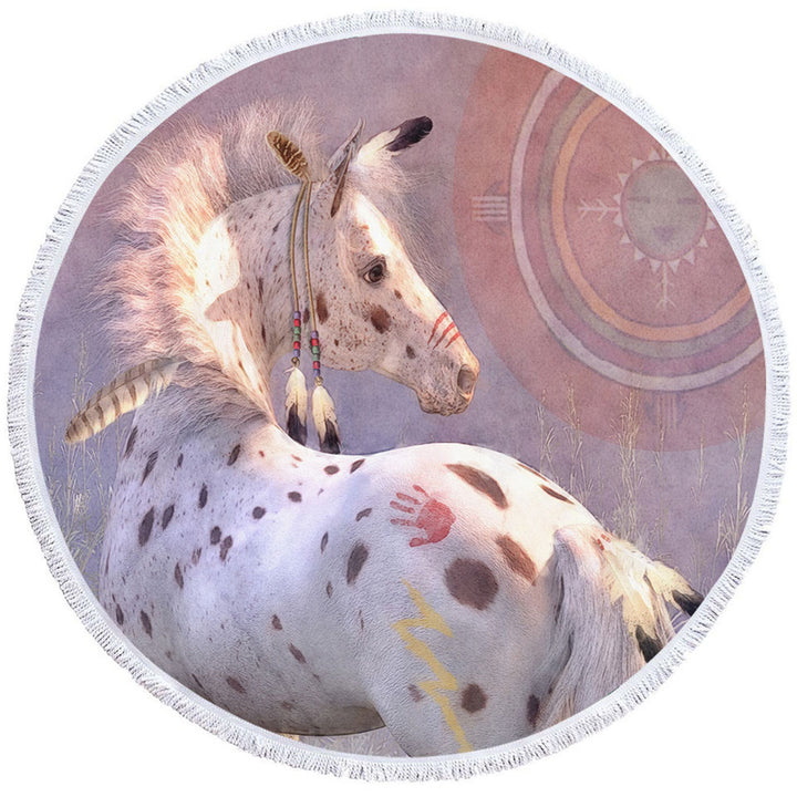 White with Brown Spots War Pony Horse Circle Beach Towel