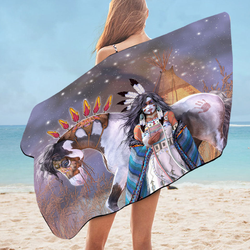 Wicasa Native American Girl and Her Horse Microfibre Beach Towels