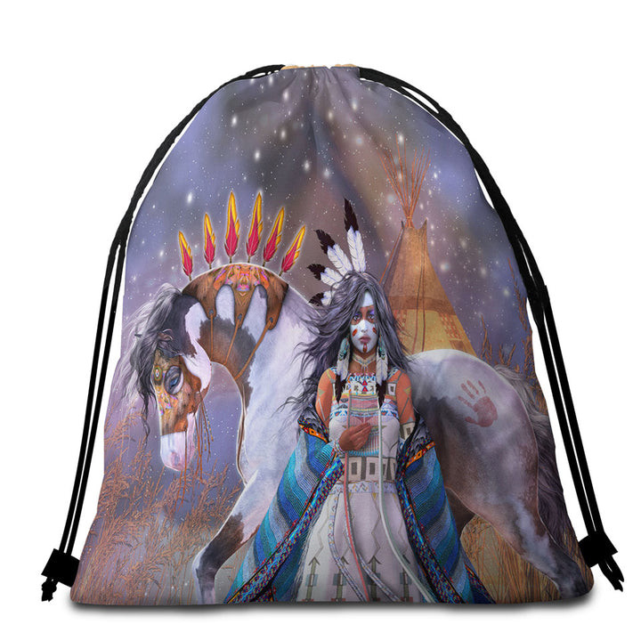 Wicasa Native American Girl and Her Horse Packable Beach Towel
