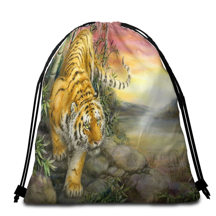 Wild Animal Art Tiger at Sunrise Dawn Beach Towel Bags