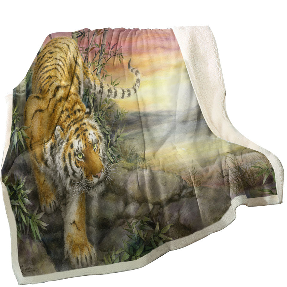 Wild Animal Art Tiger at Sunrise Dawn Fleece Blankets