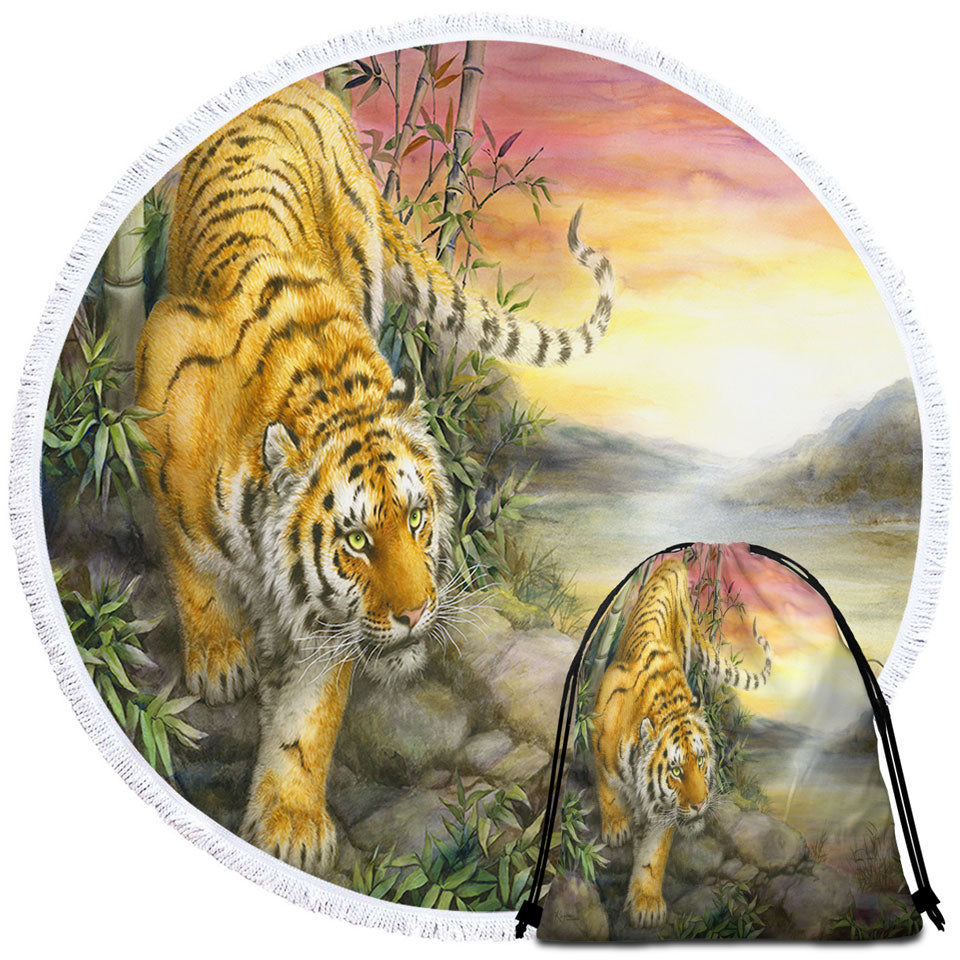 Wild Animal Art Tiger at Sunrise Dawn Round Beach Towel Set