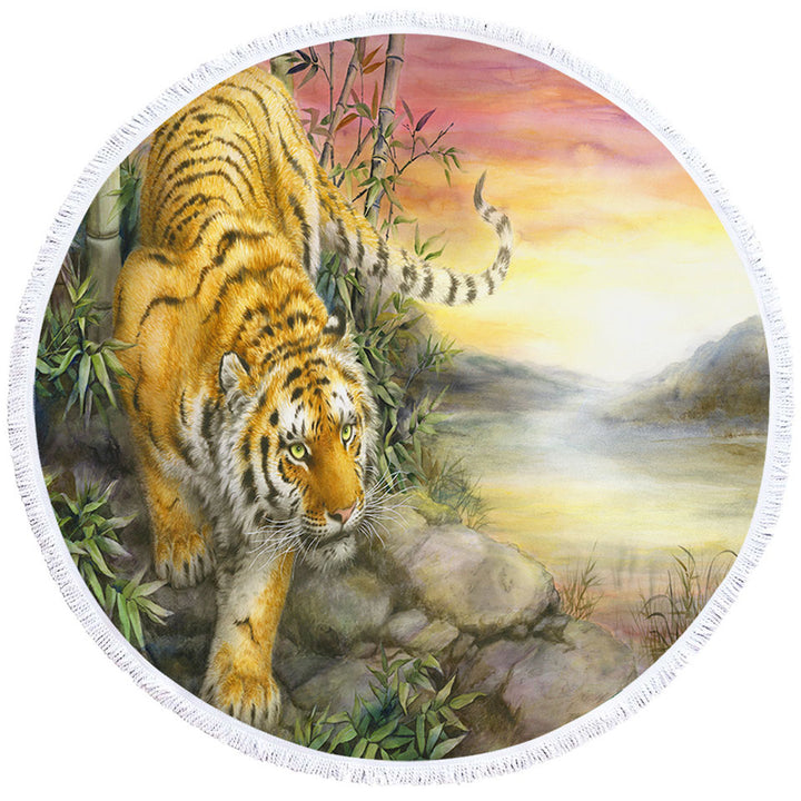 Wild Animal Art Tiger at Sunrise Dawn Round Beach Towel