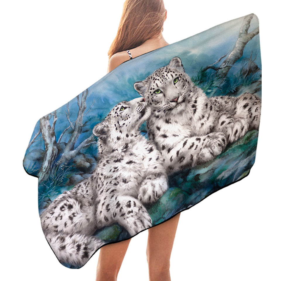 Wild Animal Art Whisper White Snow Leopards Beach Towels