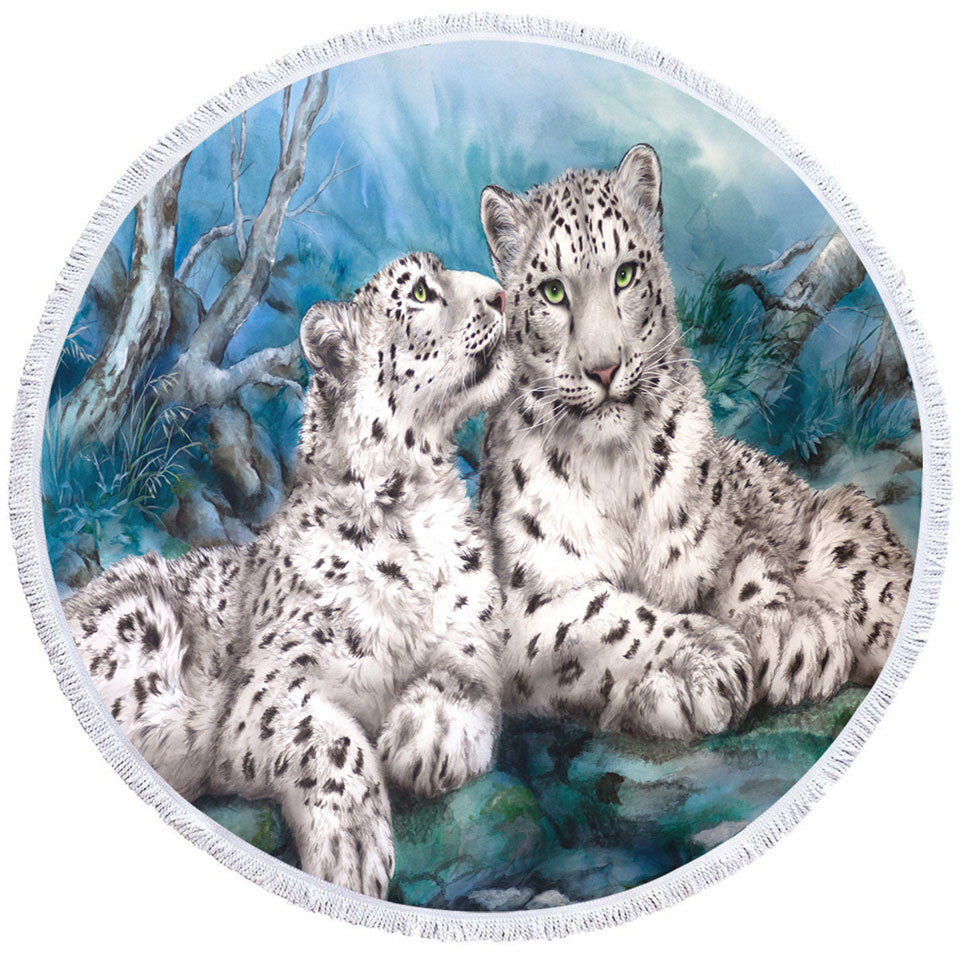 Wild Animal Art Whisper White Snow Leopards Round Beach Towel