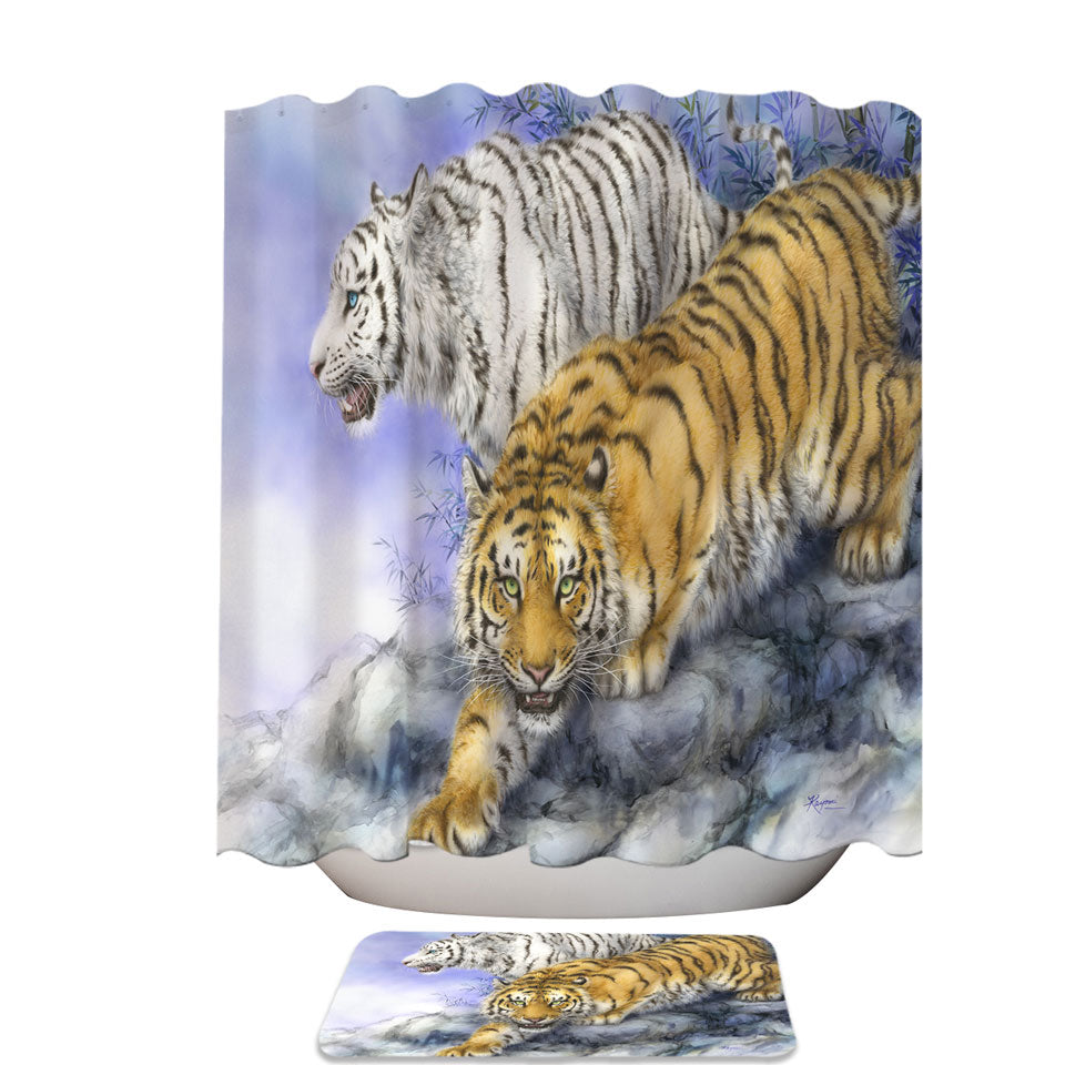 Wild Animal Art White and Orange Tigers Fabric Shower Curtains