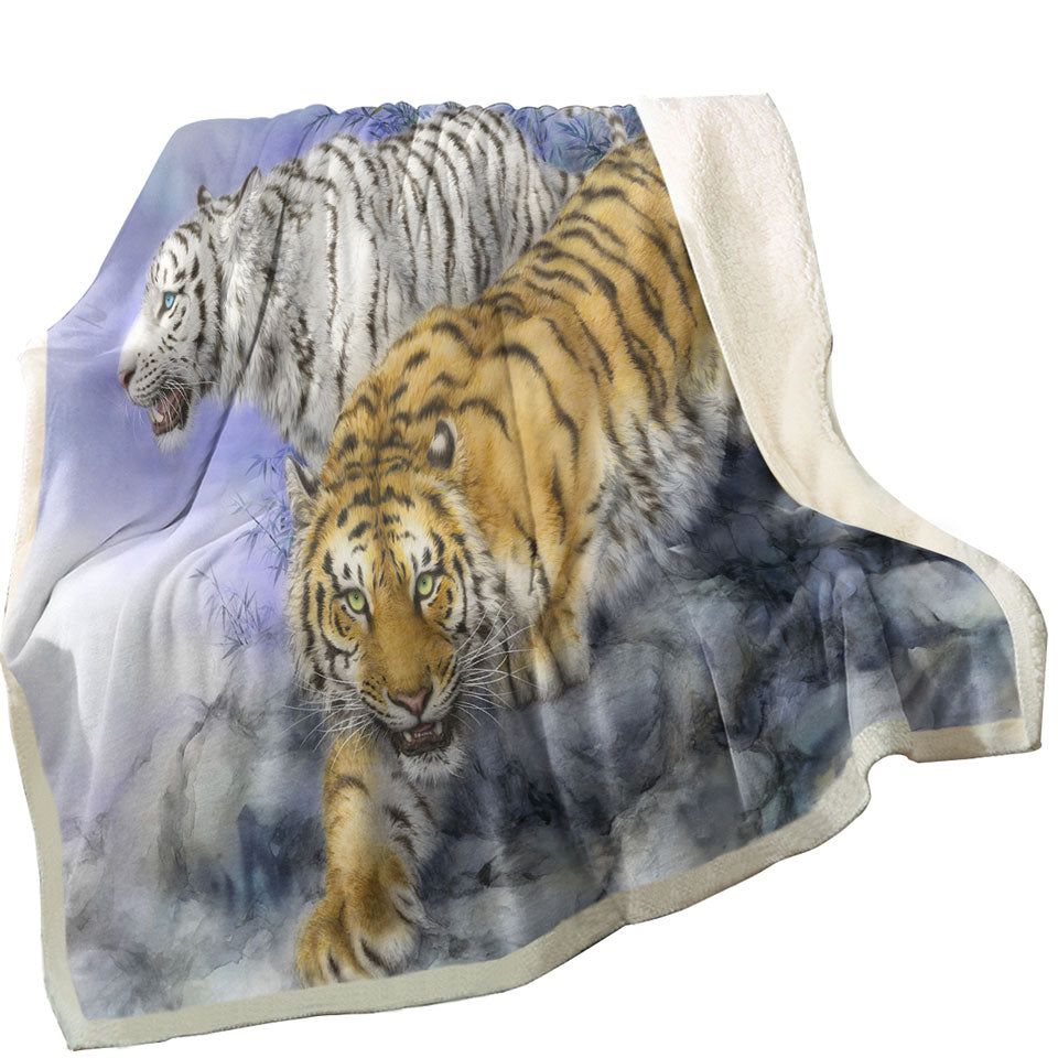 Wild Animal Art White and Orange Tigers Sherpa Blanket