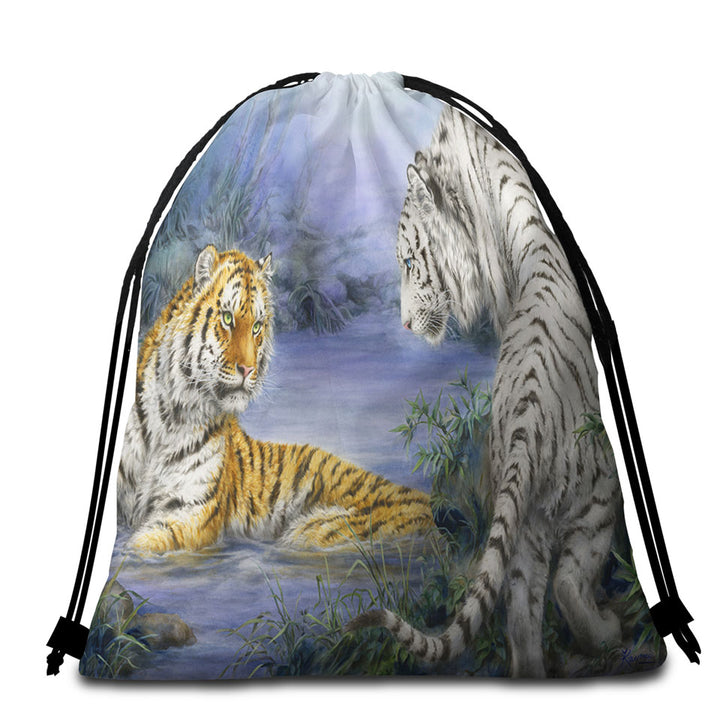 Wild Animal Beach Towel Bags Art Orange and White Tigers Encounter