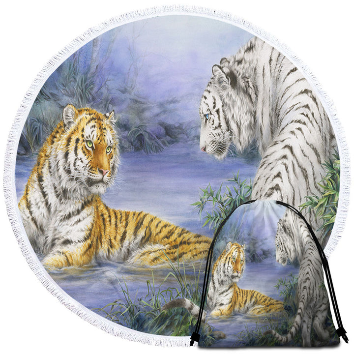 Wild Animal Beach Towels Art Orange and White Tigers Encounter