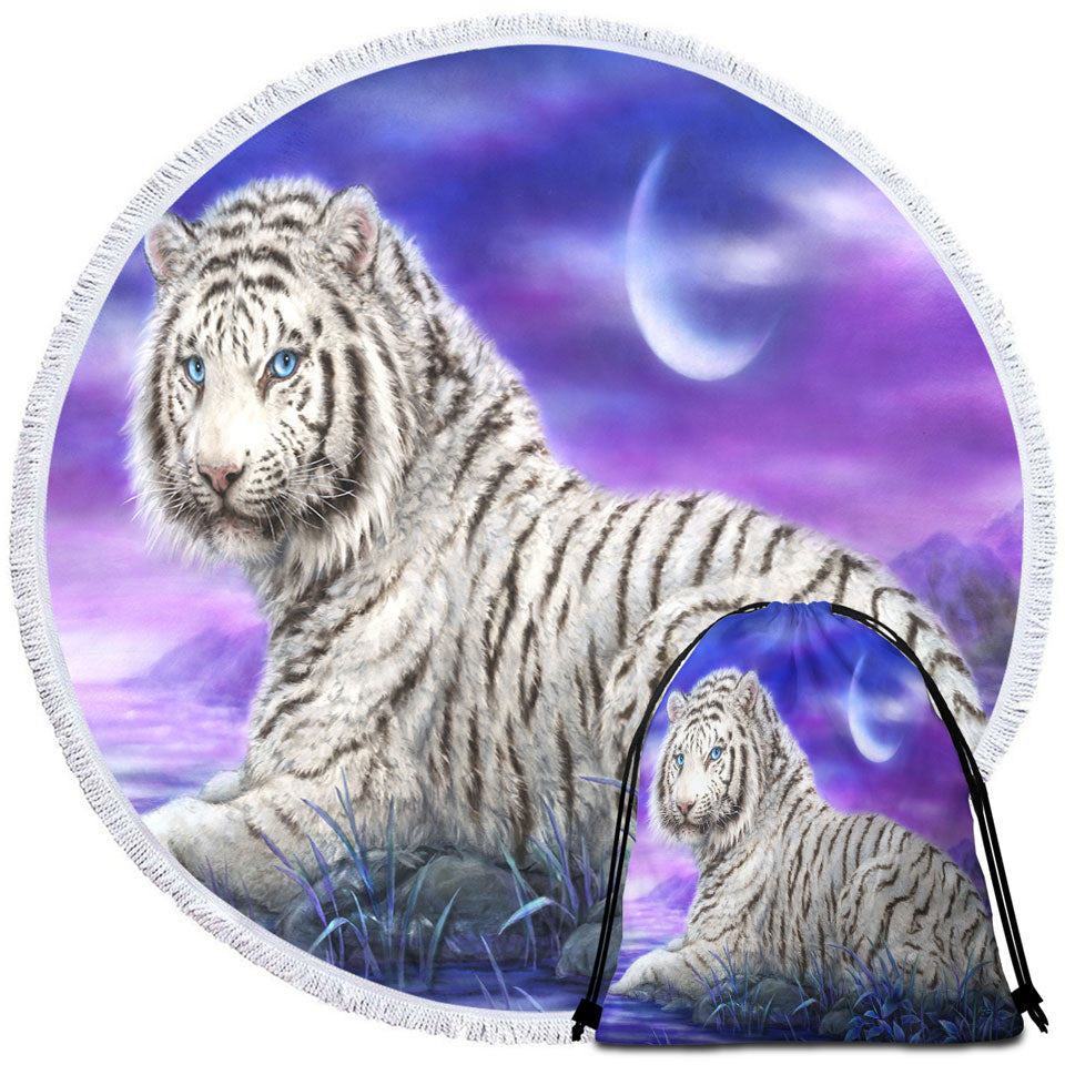 Wild Animal Beach Towels Paintings White Tiger Purplish Lake