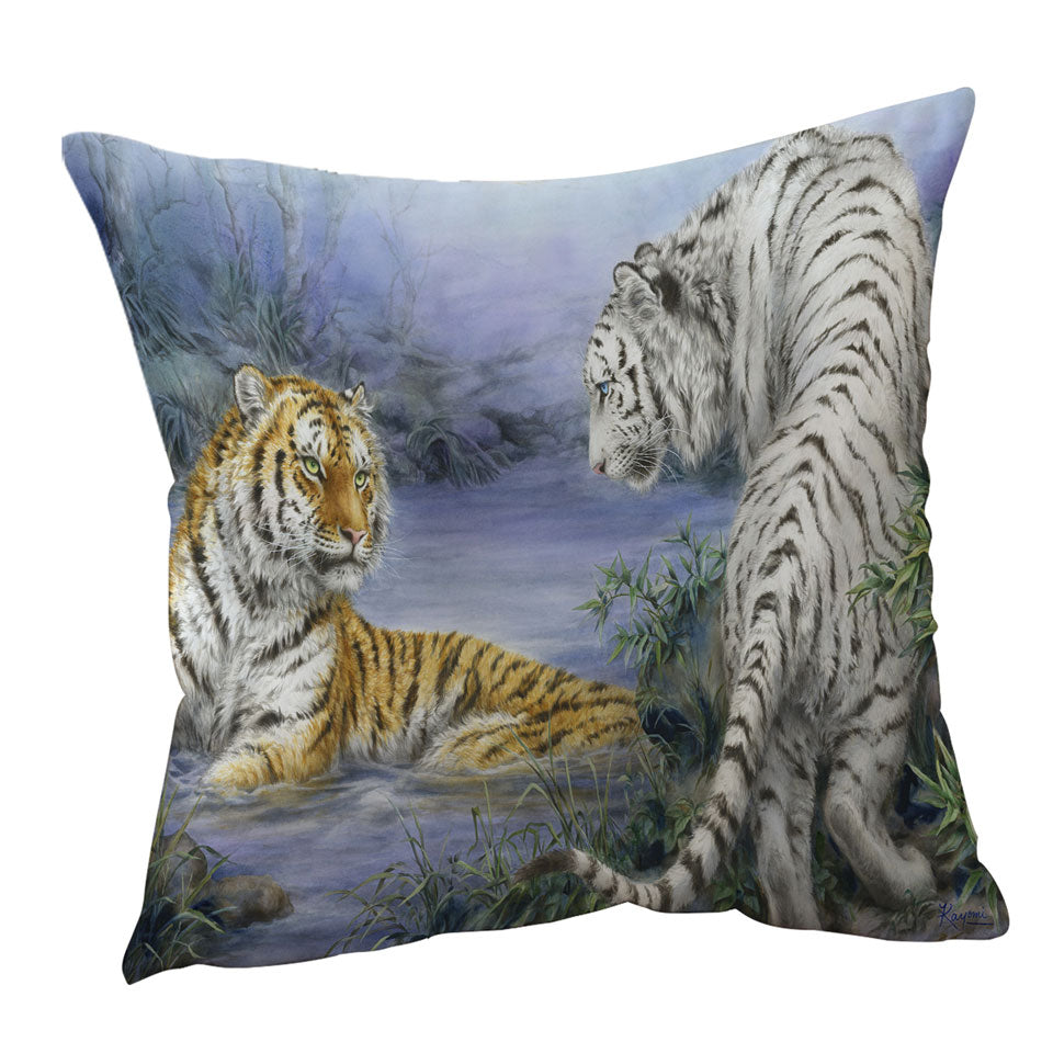 Wild Animal Cushion Covers Art Orange and White Tigers Encounter