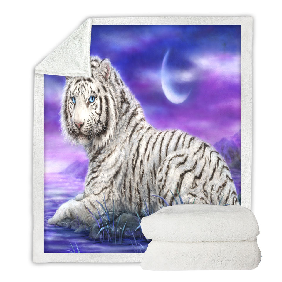 Wild Animal Lightweight Blankets Paintings White Tiger Purplish Lake