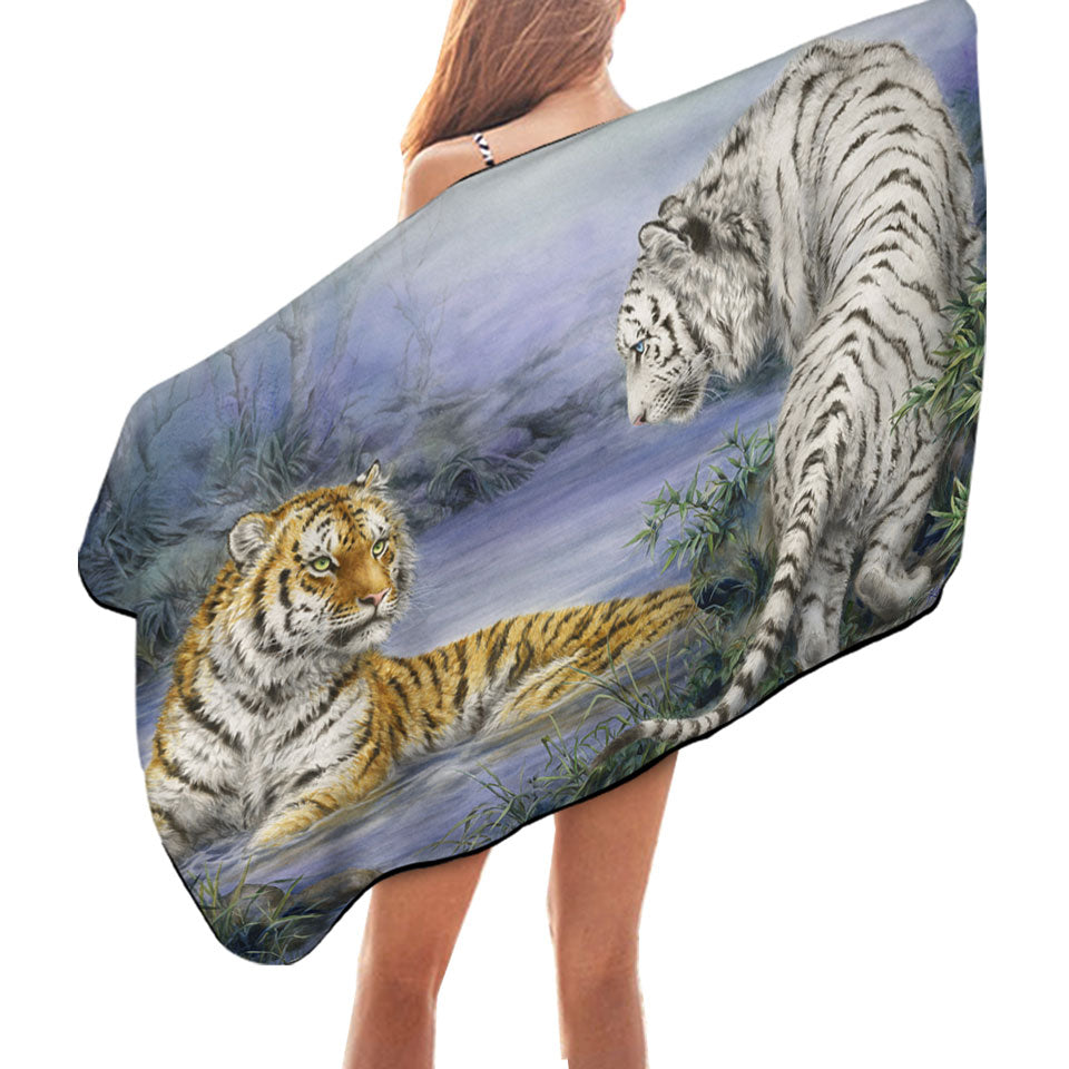 Wild Animal Microfiber Beach Towel Art Orange and White Tigers Encounter