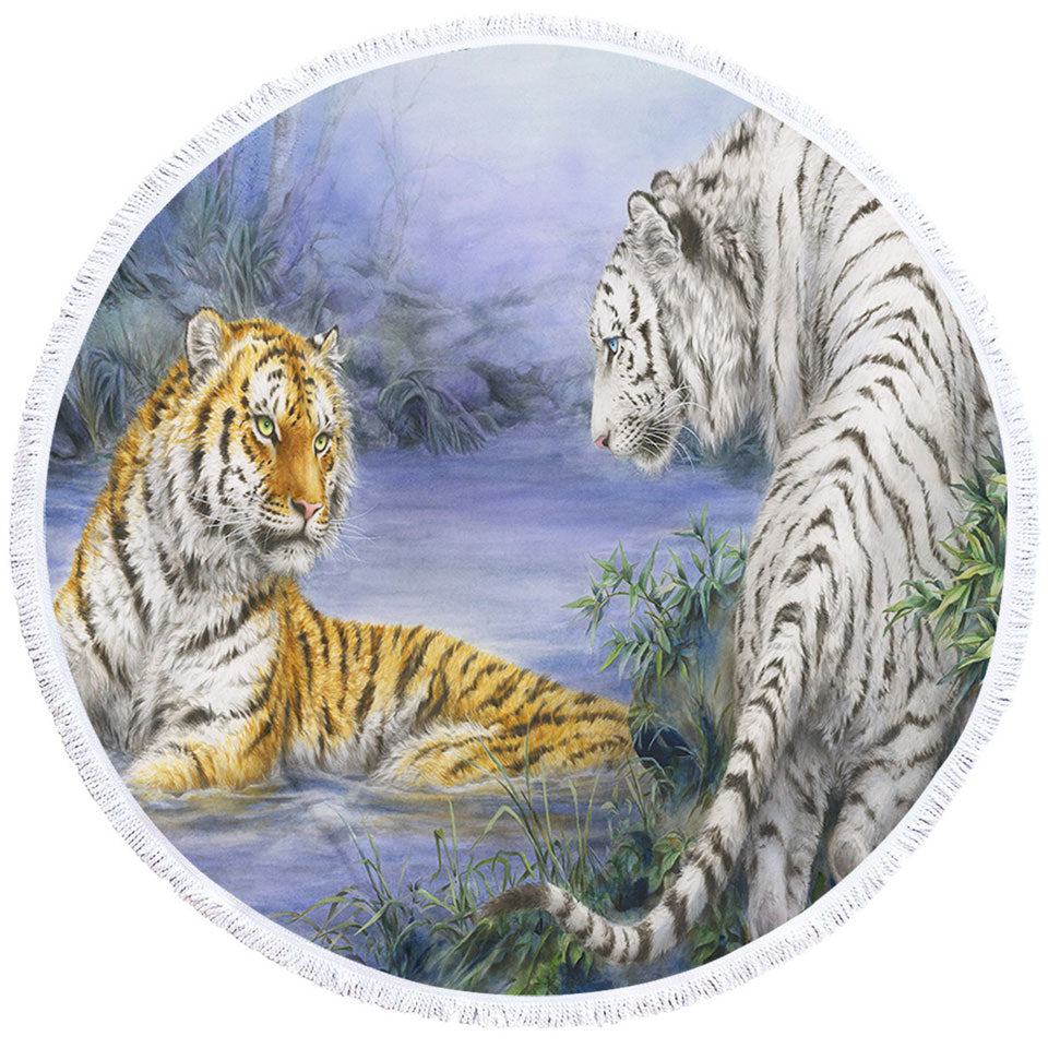Wild Animal Round Beach Towel Art Orange and White Tigers Encounter