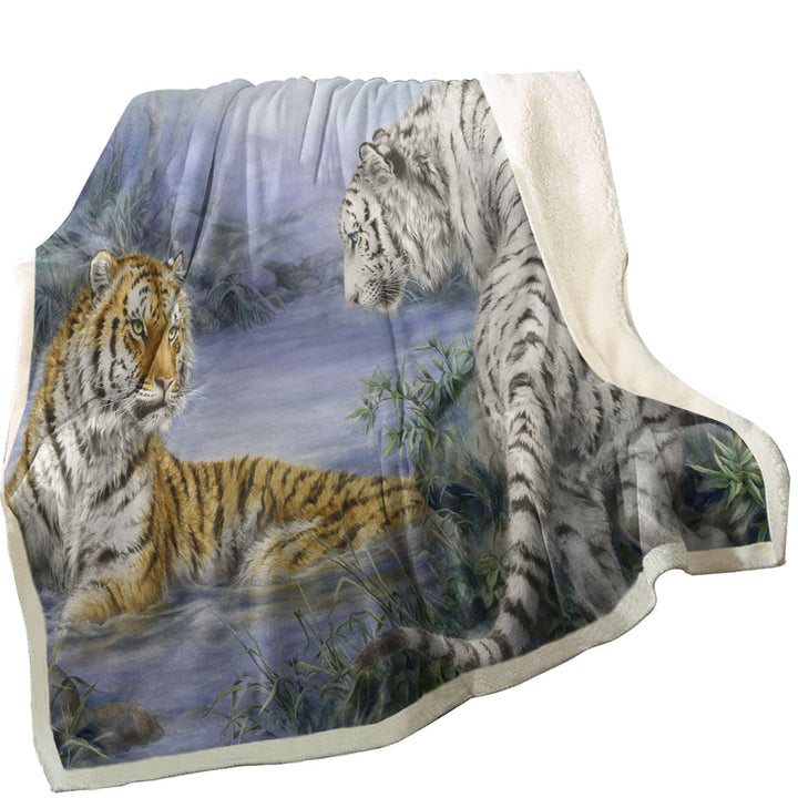 Wild Animal Sherpa Blanket Art Orange and White Tigers Encounter