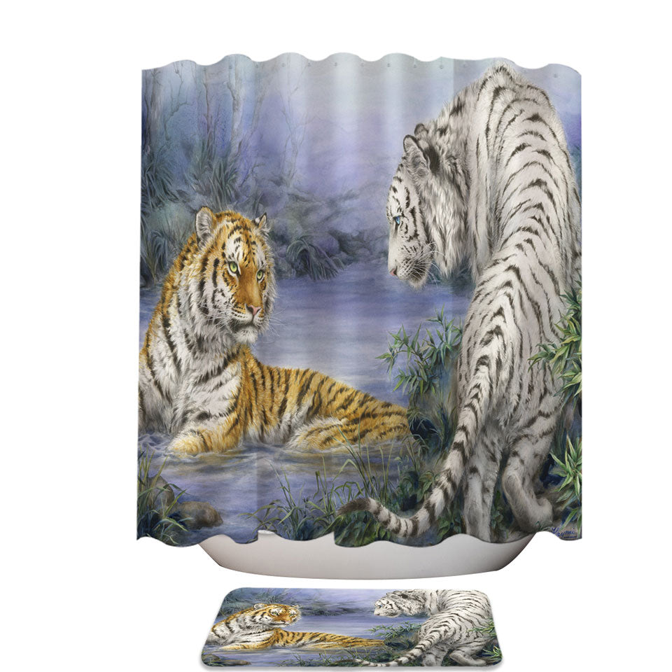 Wild Animal Shower Curtains Art Orange and White Tigers Encounter