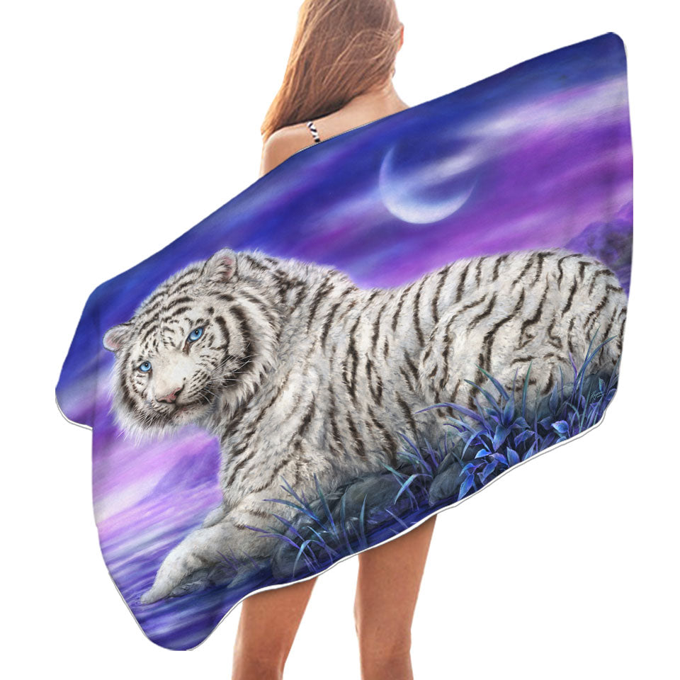 Wild Animal Swims Towel Paintings White Tiger Purplish Lake