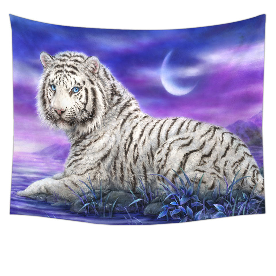 Wild Animal Tapestry Wall Art Paintings White Tiger Purplish Lake