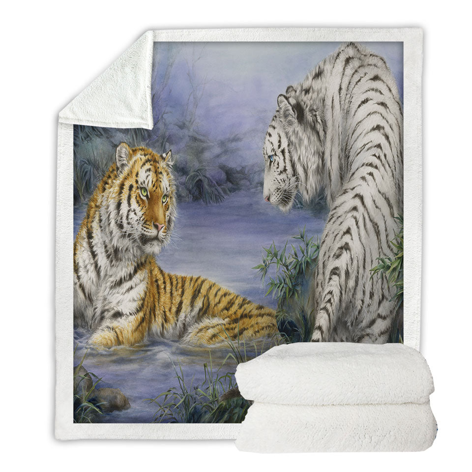Wild Animal Throw Blanket Art Orange and White Tigers Encounter