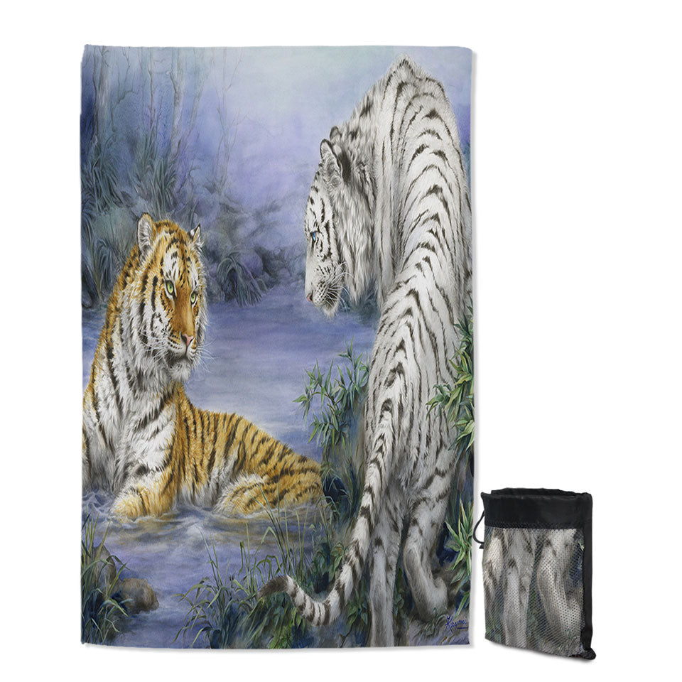 Wild Animal Travel Beach Towel Art Orange and White Tigers Encounter