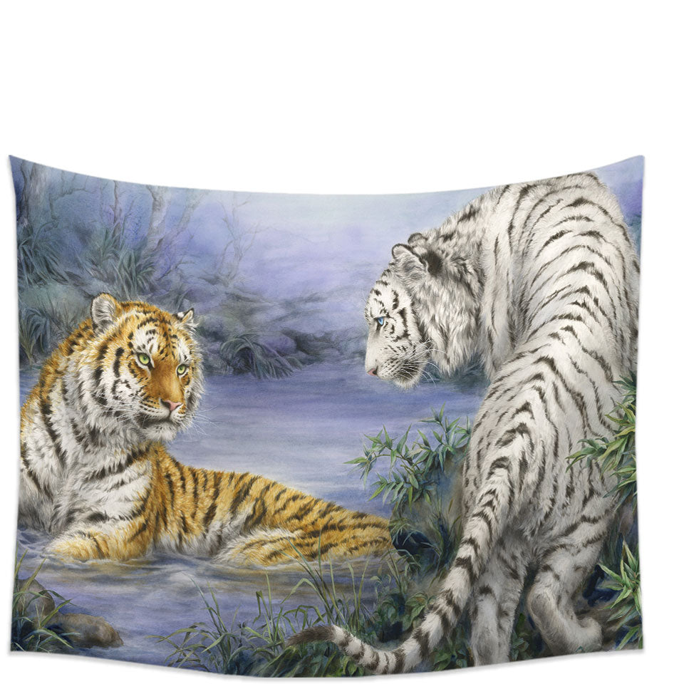 Wild Animal Wall Decor Tapestry Art Orange and White Tigers Encounter