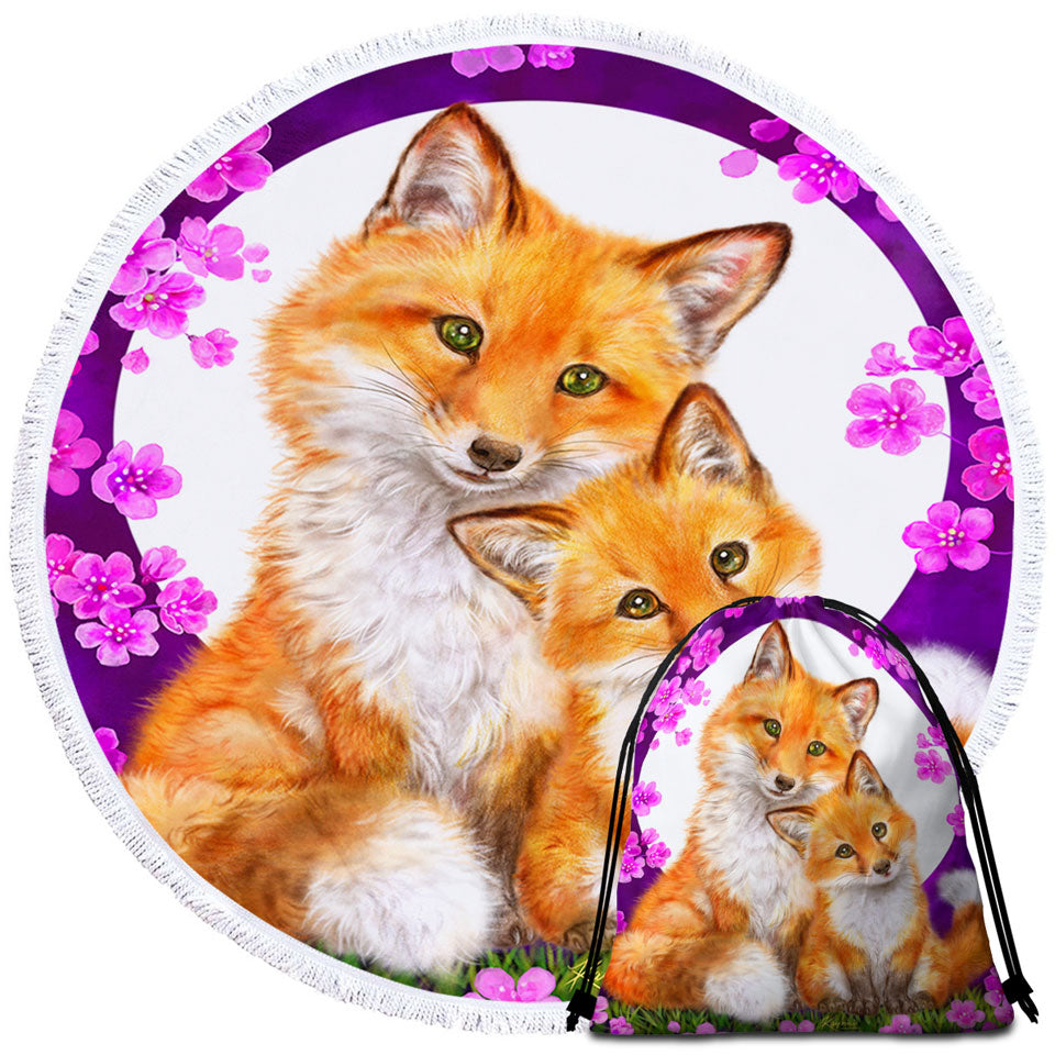 Wild Animals Art Flowery Nights Foxes Round Beach Towel