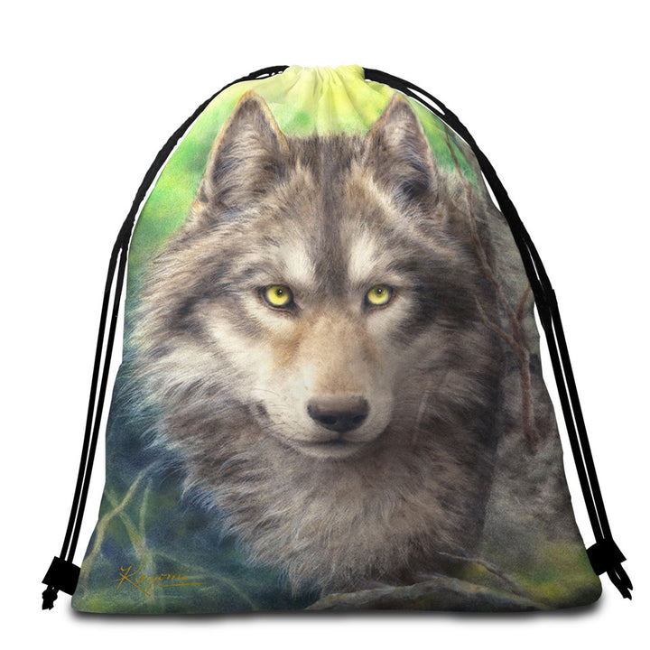 Wild Animals Art Grey Wolf Packable Beach Towel