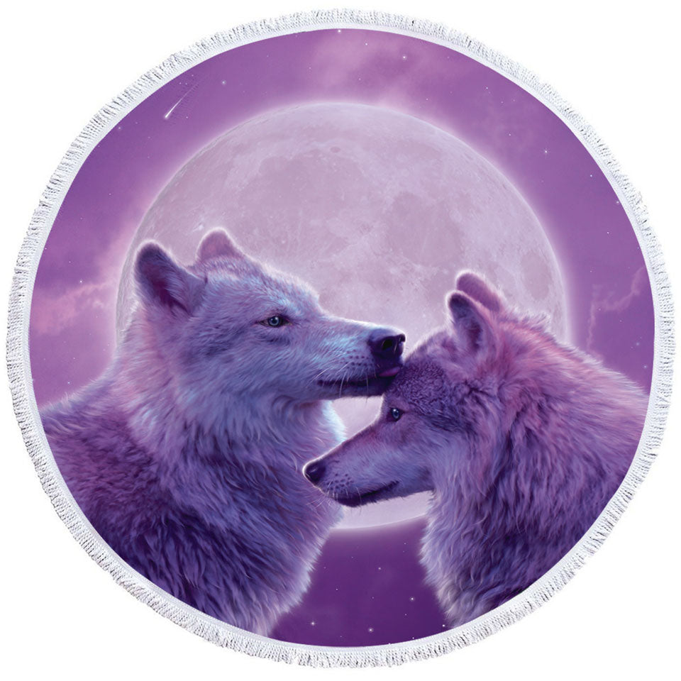 Wild Animals Purple Moon Loving Wolves Beach Towels