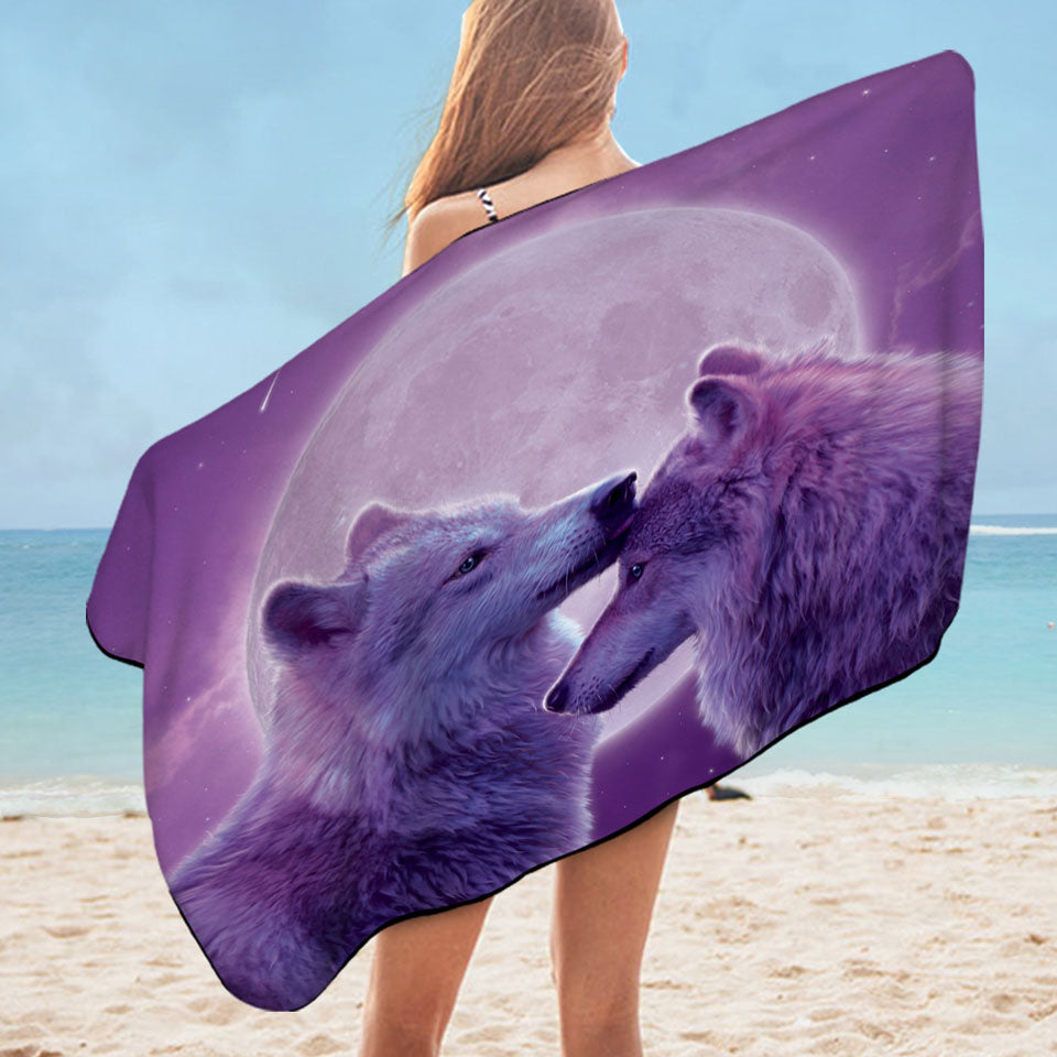Wild Animals Purple Moon Loving Wolves Microfiber Beach Towel
