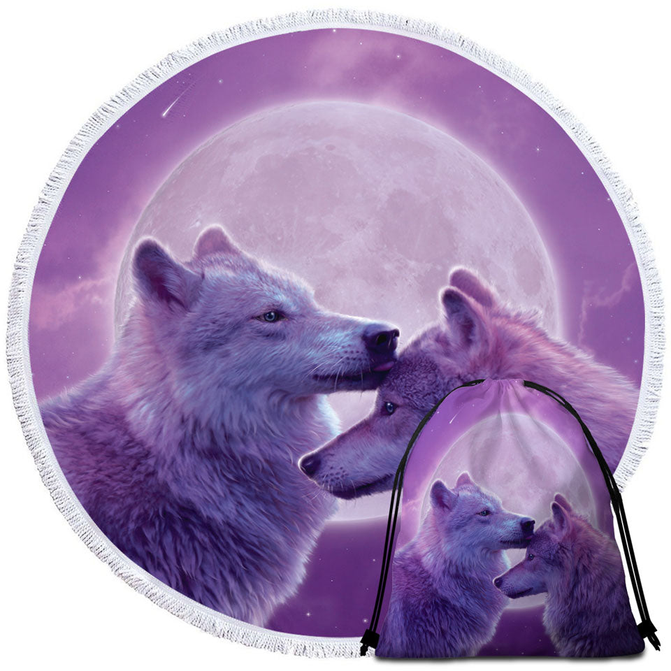 Wild Animals Purple Moon Loving Wolves Round Beach Towel