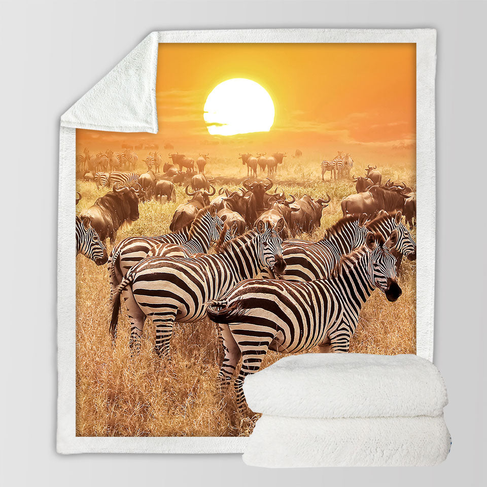 Wild Wildebeest and Zebra at Sunset Decorative Blankets
