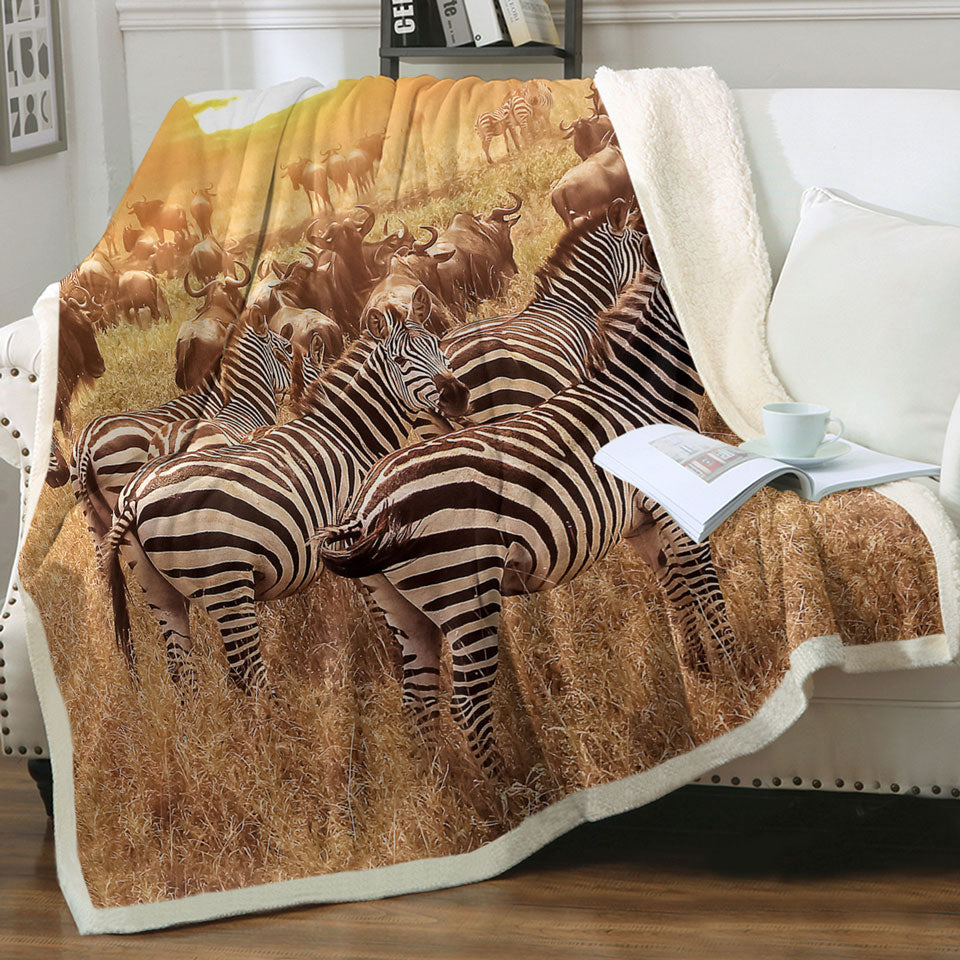 Wild Wildebeest and Zebra at Sunset Unique Throws
