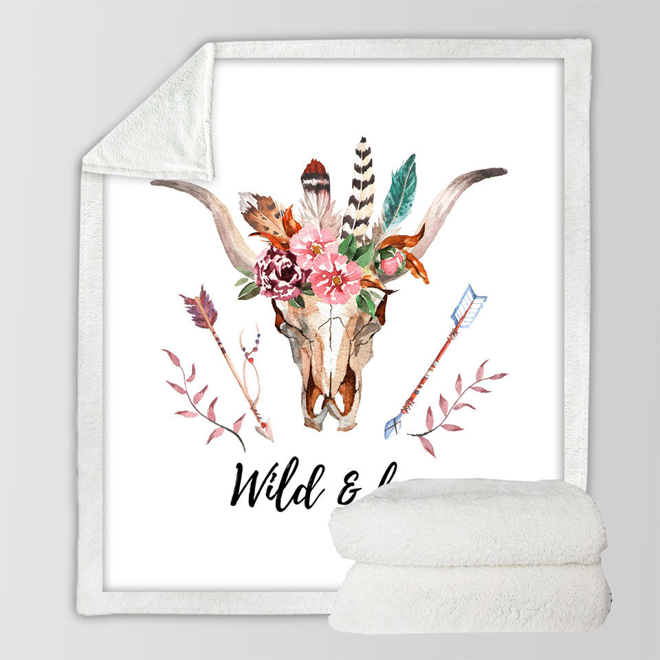 Wild and Free Native Floral Bull Skull Throw Blanket