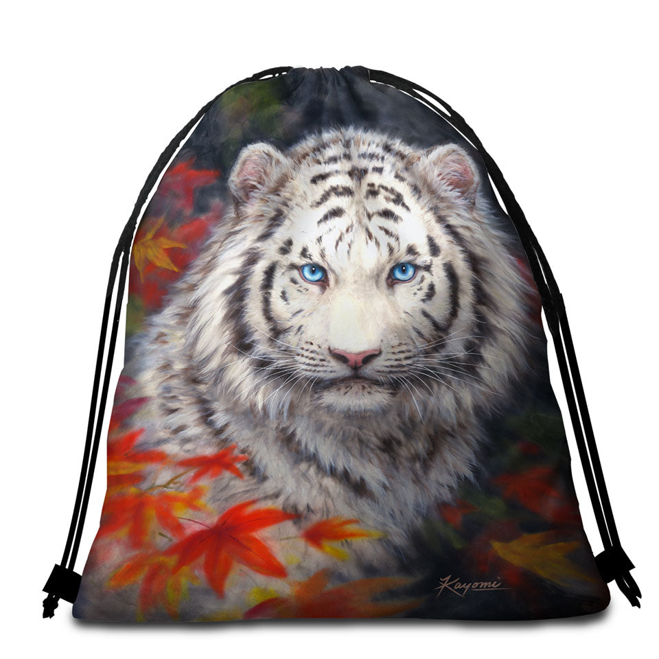 Wildlife Animal Art Autumn White Tiger Beach Bags and Towels