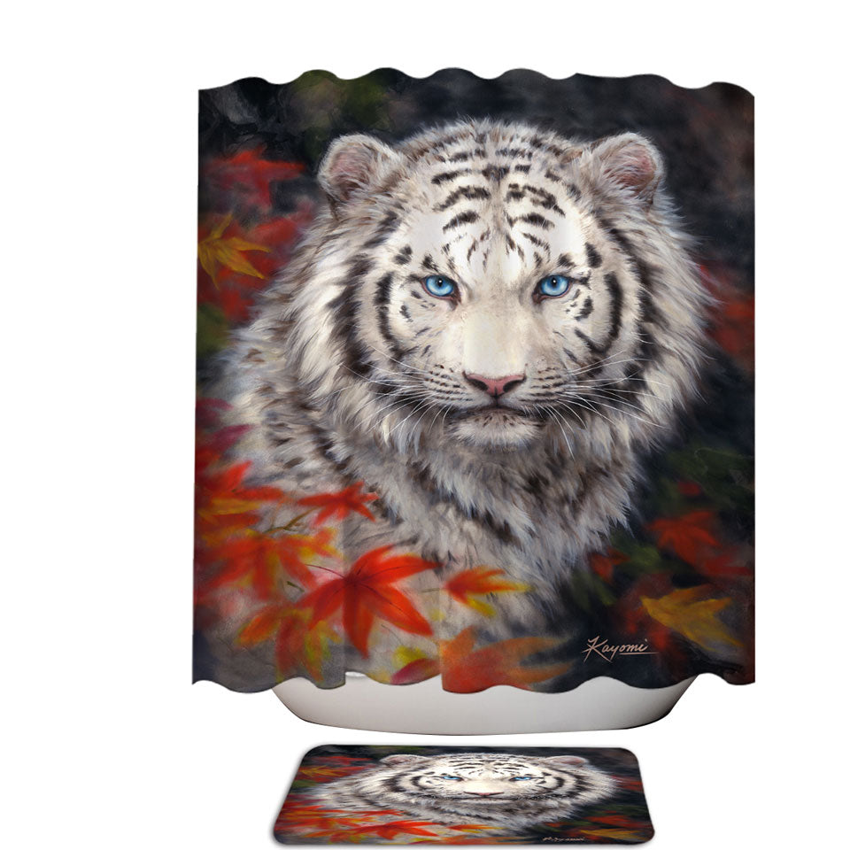 Wildlife Animal Art Autumn White Tiger Shower Curtain and Bathroom Rug