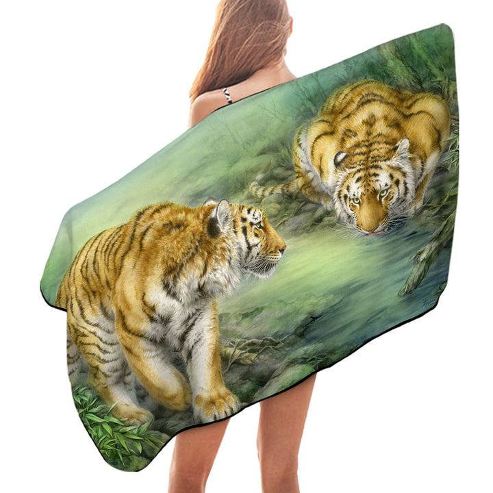 Wildlife Animal Art Two Tigers in the Jungle Microfiber Beach Towel