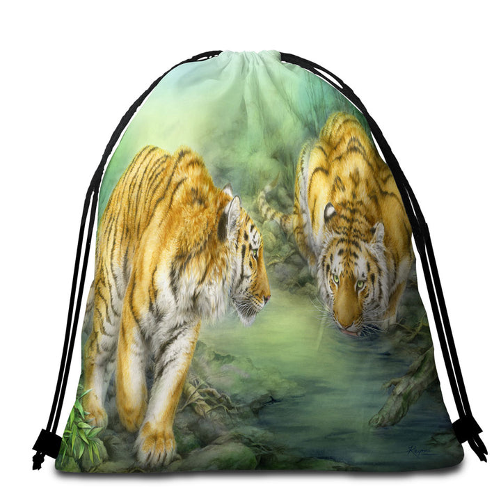 Wildlife Animal Art Two Tigers in the Jungle Packable Beach Towel
