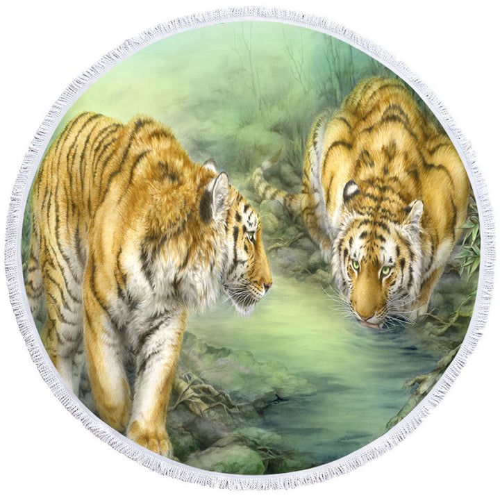 Wildlife Animal Art Two Tigers in the Jungle Round Beach Towel