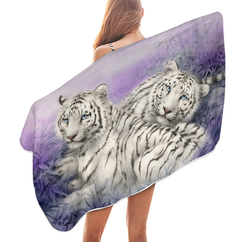 Wildlife Animal Art White Tiger Beach Towels