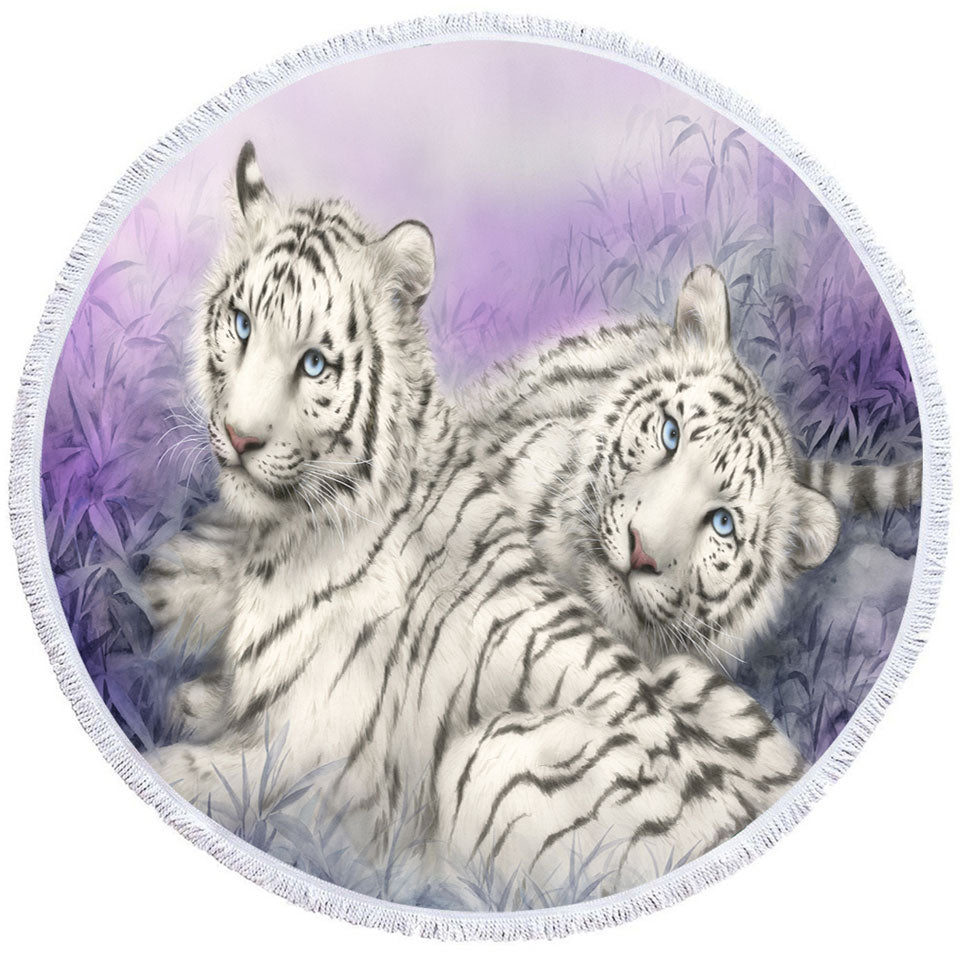 Wildlife Animal Art White Tiger Round Beach Towel