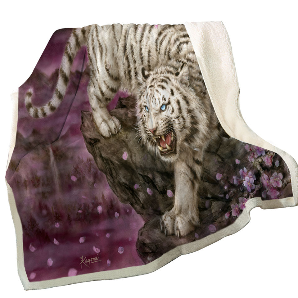 Wildlife Animal Cherry Blossom White Tiger Sherpa Blanket