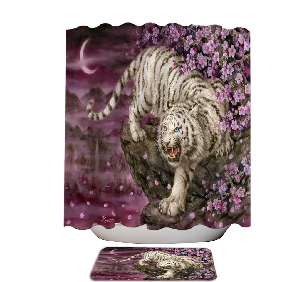 Wildlife Animal Cherry Blossom White Tiger Shower Curtain for Bathroom