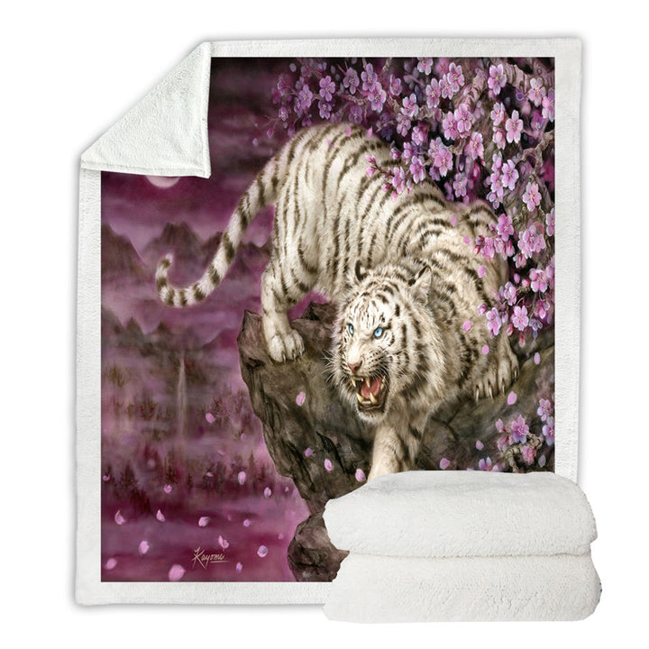 Wildlife Animal Cherry Blossom White Tiger Throw Blanket