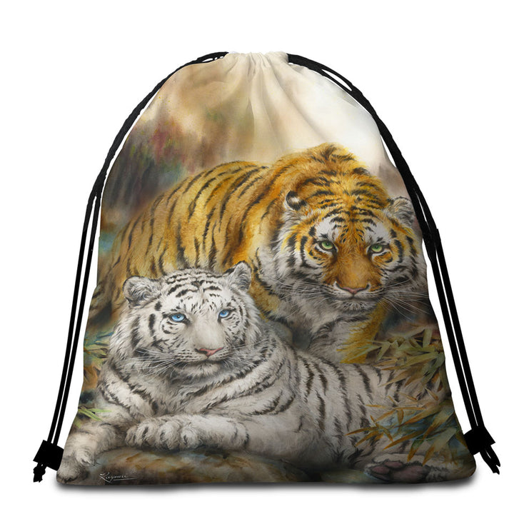 Wildlife Art Drawing White and Orange Tigers Beach Towel Bags