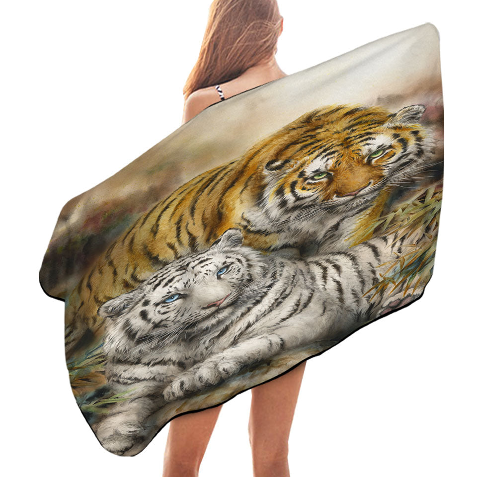 Wildlife Art Drawing White and Orange Tigers Beach Towels