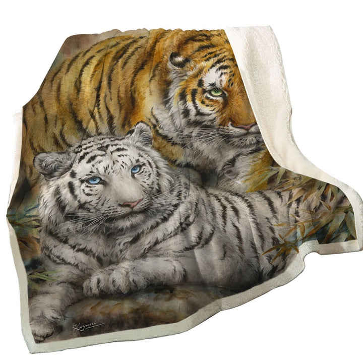 Wildlife Art Drawing White and Orange Tigers Blankets