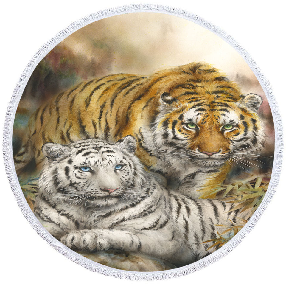 Wildlife Art Drawing White and Orange Tigers Circle Beach Towel